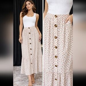 VINTAGE 80S FLORAL ANKLE LENGTH SKIRT BUTTON FRONT SOFT RUFFLE HEM SIZE SMALL